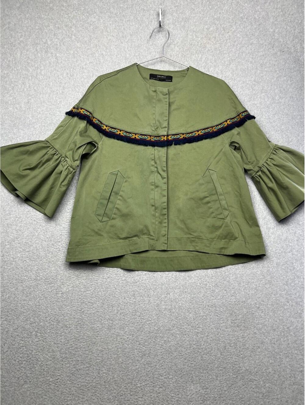 Zara Aztec Embroidered Crop Bell Sleeve Jacket Womens M Boho Green Indie Hippie